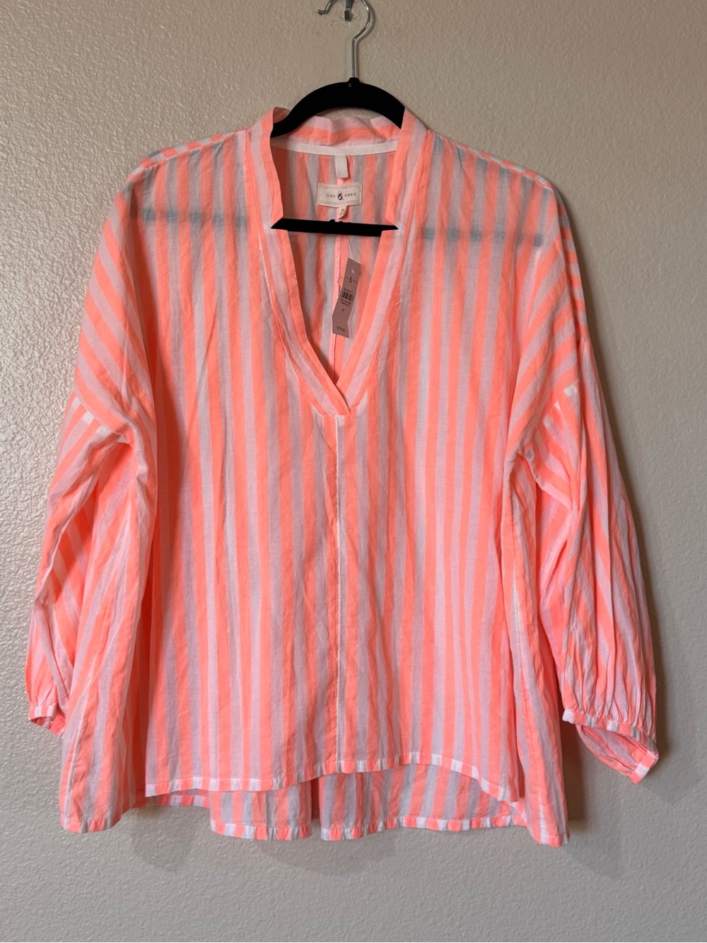 Lou & Grey NWT Coral Striped Oversized Lightweight Cotton V-Neck Blouse M